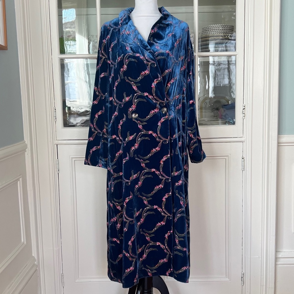 Interdee La Parisienne Silk Velvet Embroidered Duster Coat, Floral, Blue, Size M